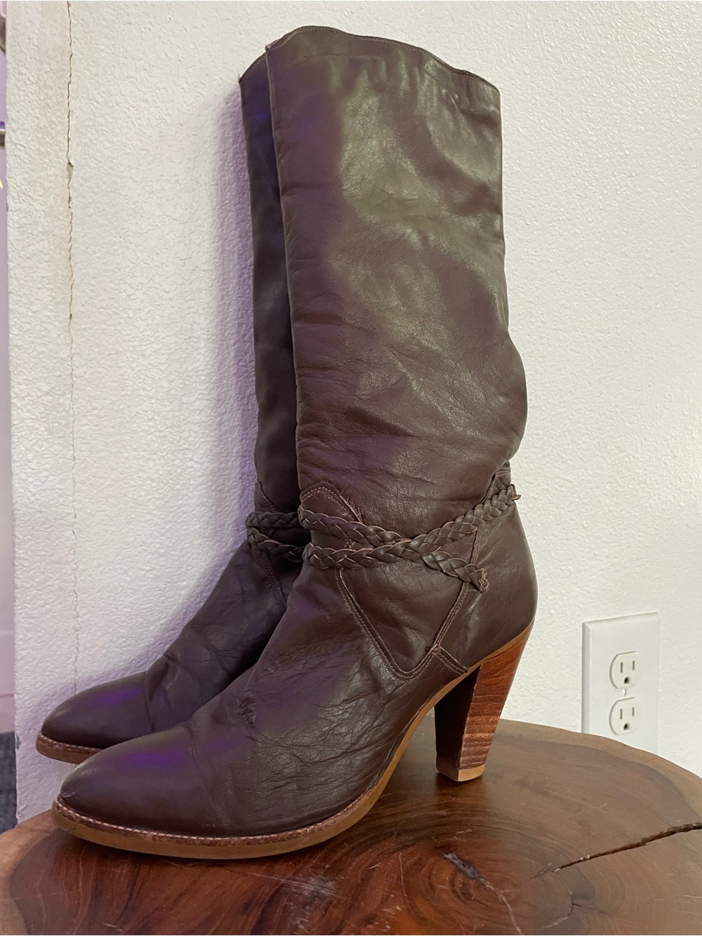 Vintage 70s Leather knee-high Boho Cowboy Western Boots, Stacked Heel, size 6